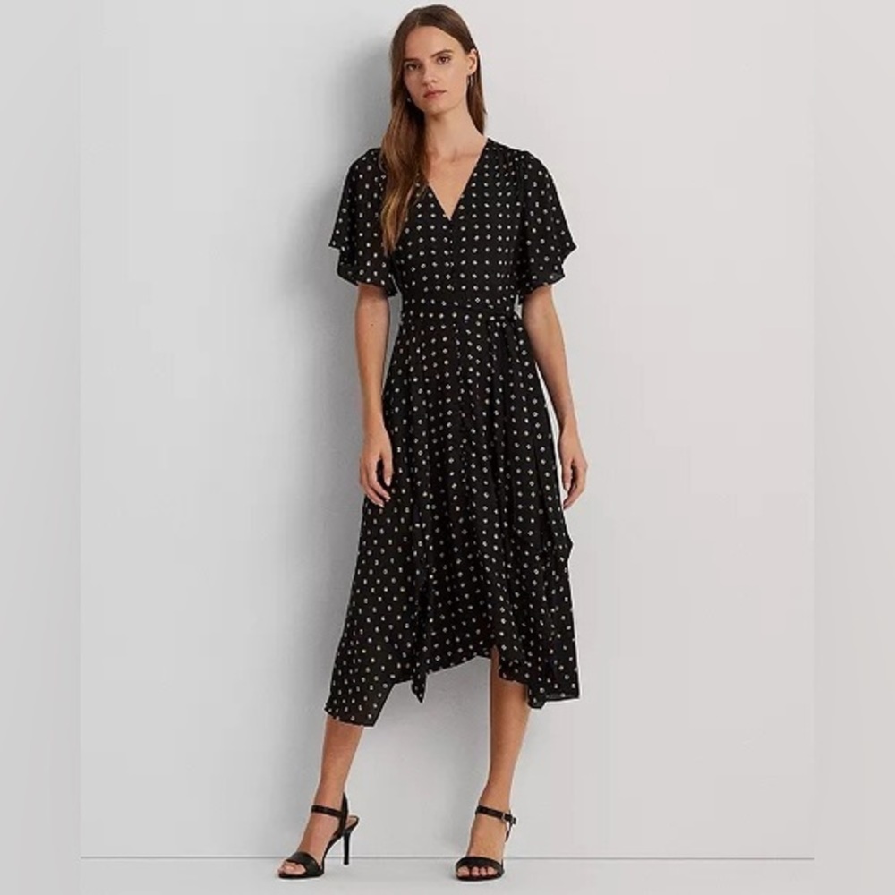 LAUREN RALPH LAUREN Geo-Print Crepe Flutter-Sleeve Dress